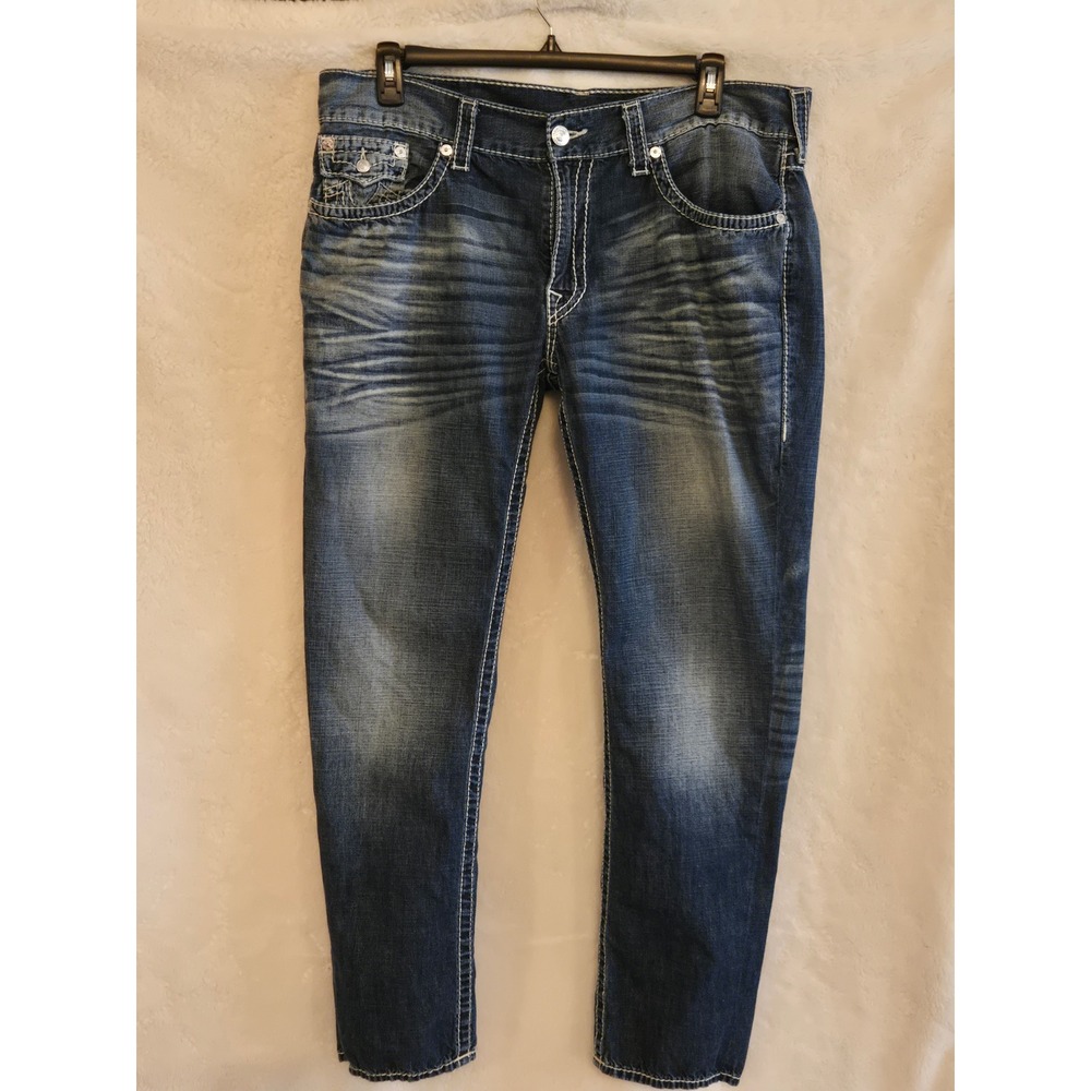 True Religion Big T Straight Leg Jeans Mens 40×32 Blue Contrast Stitch MET859NBT
